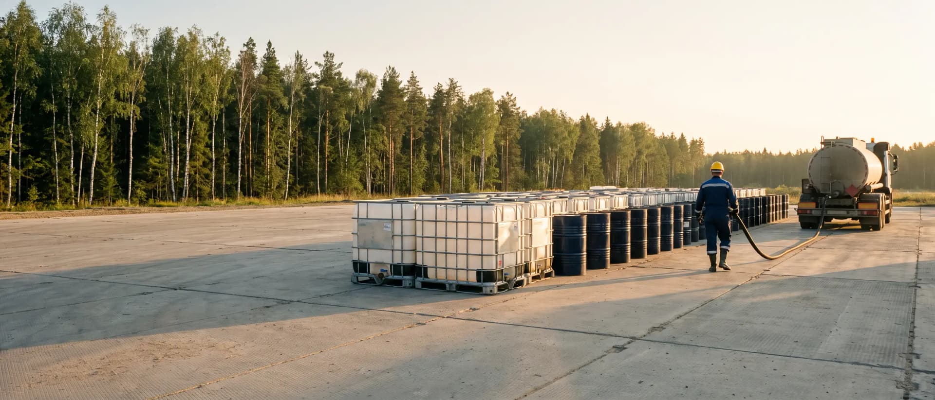Площадка приёма отработки: ряд еврокубов и стальных бочек на бетоне. Оператор со спины ведёт рукав насоса к автоцистерне