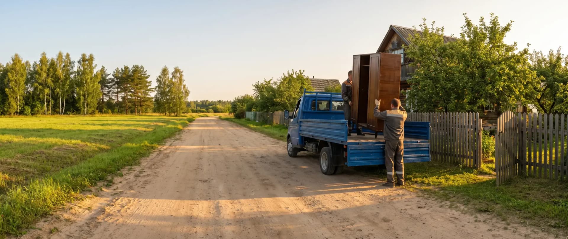 Дачная улица утром: малый самосвал у калитки, двое грузчиков грузят старый шкаф