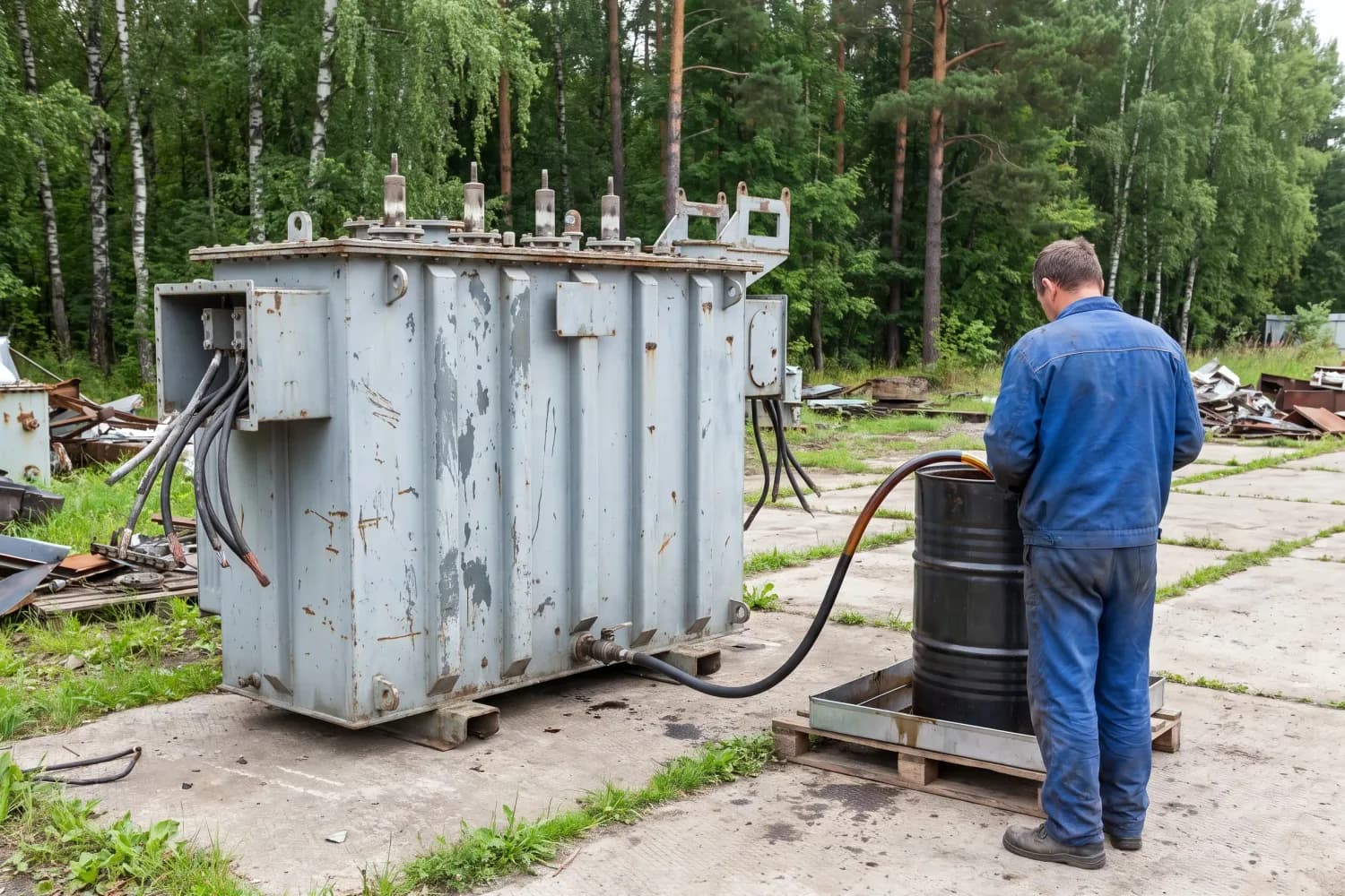 Демонтированный силовой трансформатор на бетонной площадке, масло уходит по шлангу в бочку на поддоне-ловушке